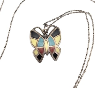Bell Sterling Mother Of Pearl Turquoise Onyx Coral Sterling Silver Butterfly Necklace 3.1 G