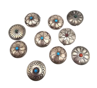 Native Coral Turquoise Amethyst Sterling Silver 10 Button Covers 35.6 G