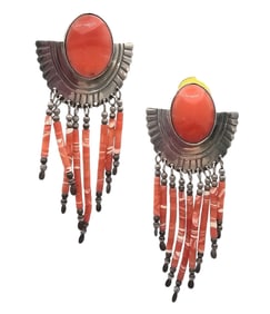 Navajo Orange Coral Sterling Silver Fringe Dangle Earrings 13.6 G