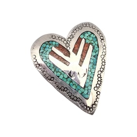 Delvon J Nelson Navajo Turquoise Coral Sterling Silver Heart Brooch 8.6 G