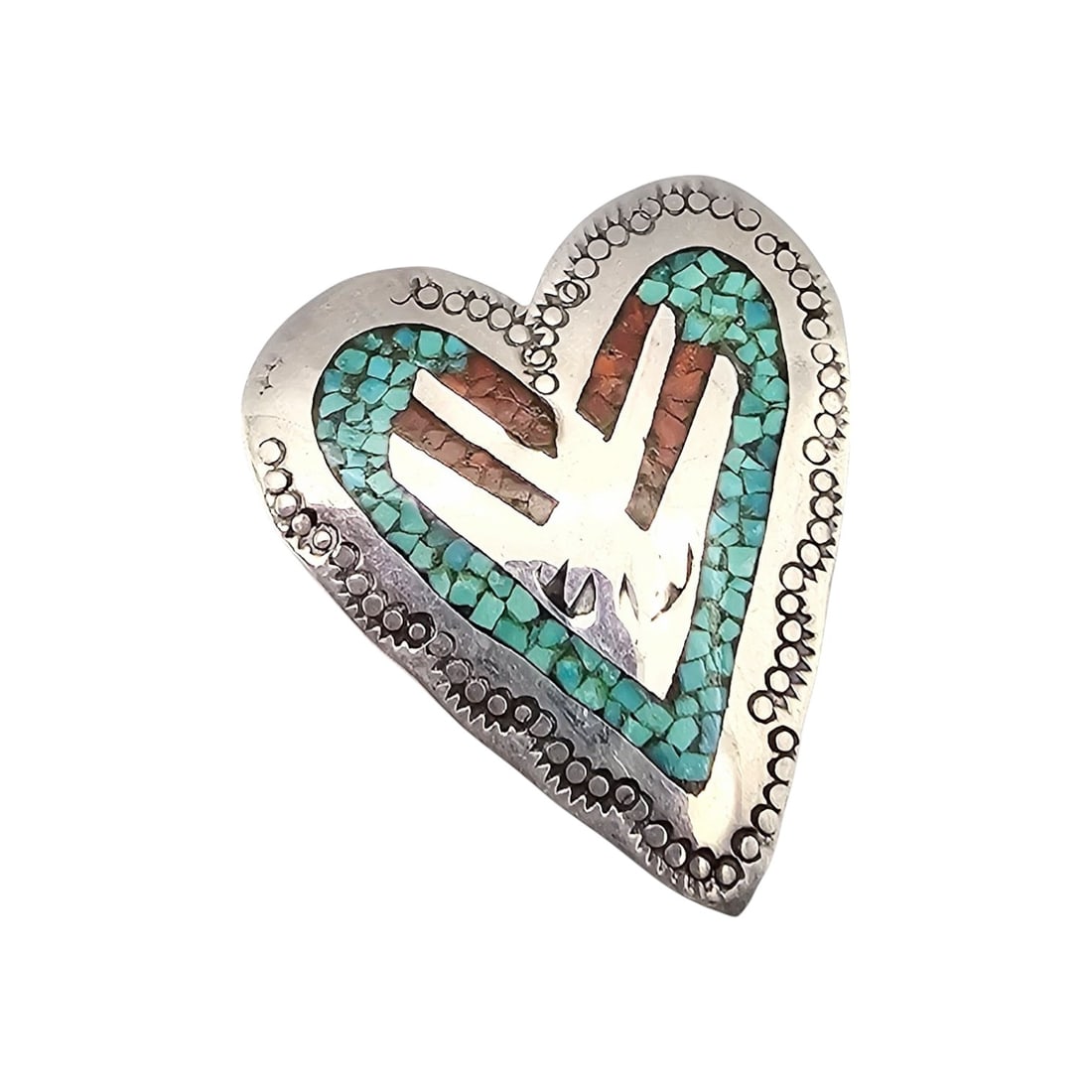 Delvon J Nelson Navajo Turquoise Coral Sterling Silver Heart Brooch 8.6 G: Delvon J Nelson Navajo Turquoise Coral Sterling Silver Heart Brooch 8.6 G