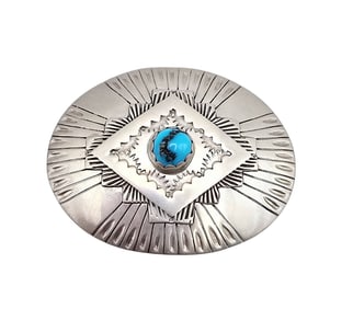 HIJ Turquoise Sterling Silver Hand Tooled Brooch 11.2 G