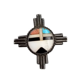 REX Native Coral Mother Of Pearl Turquoise Onyx Sterling Silver Brooch 5.4 G