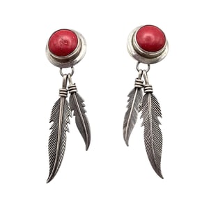 Vintage Nakai Navajo Coral Sterling Silver Feather Dangle Earrings 7.6 G