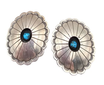 ER Turquoise Sterling Silver Concho Shadow Box Earrings 23.4 G