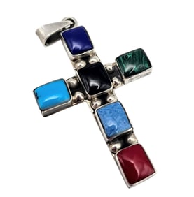 Lapis Onyx Turquoise Coral Malachite Sodalite Sterling Silver Southwestern Cross Pendant 9.6 G