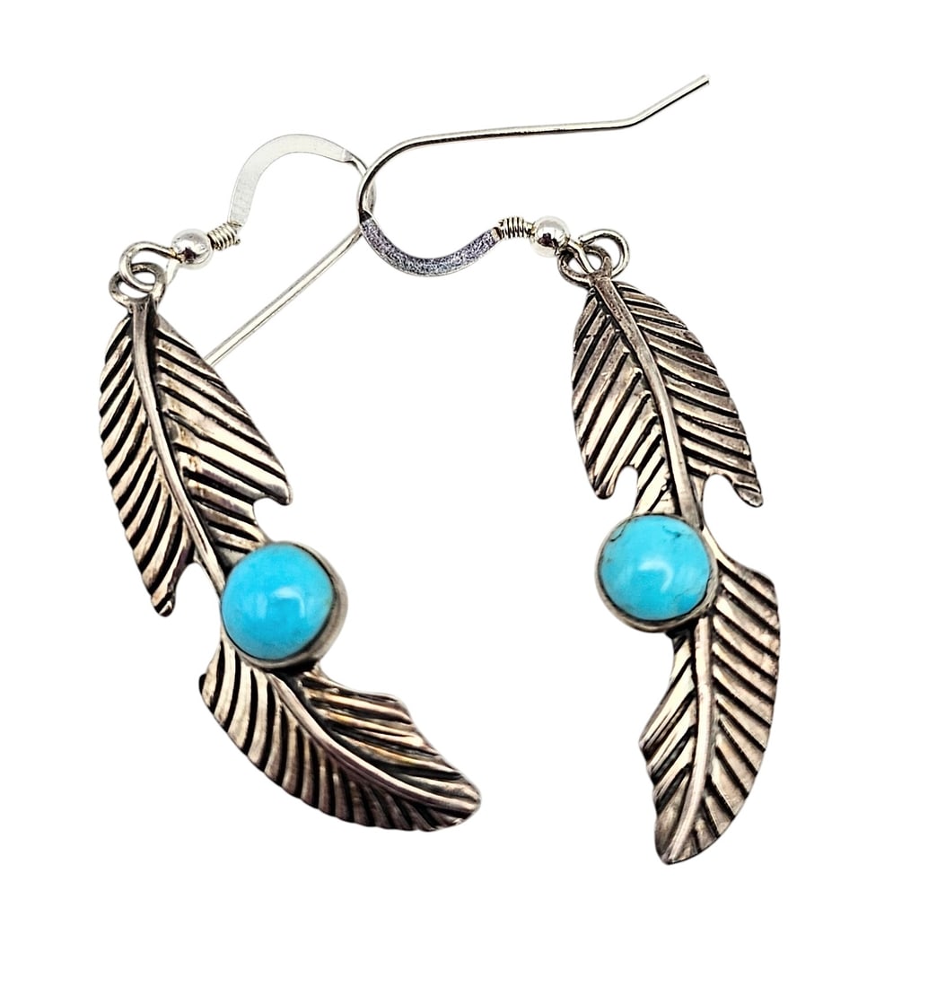 Southwestern Turquoise Sterling Silver Feather Dangle Earrings 4.6 G (1 of 4)