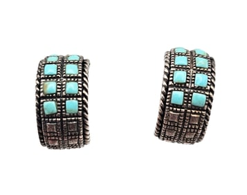 Southwestern Turquoise Sterling Silver Hoop Earrings 5.5 G