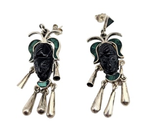TM-65 Mexico Crushed Malachite Onyx Sterling Silver Carved Face Dangle Earrings 11.6 G