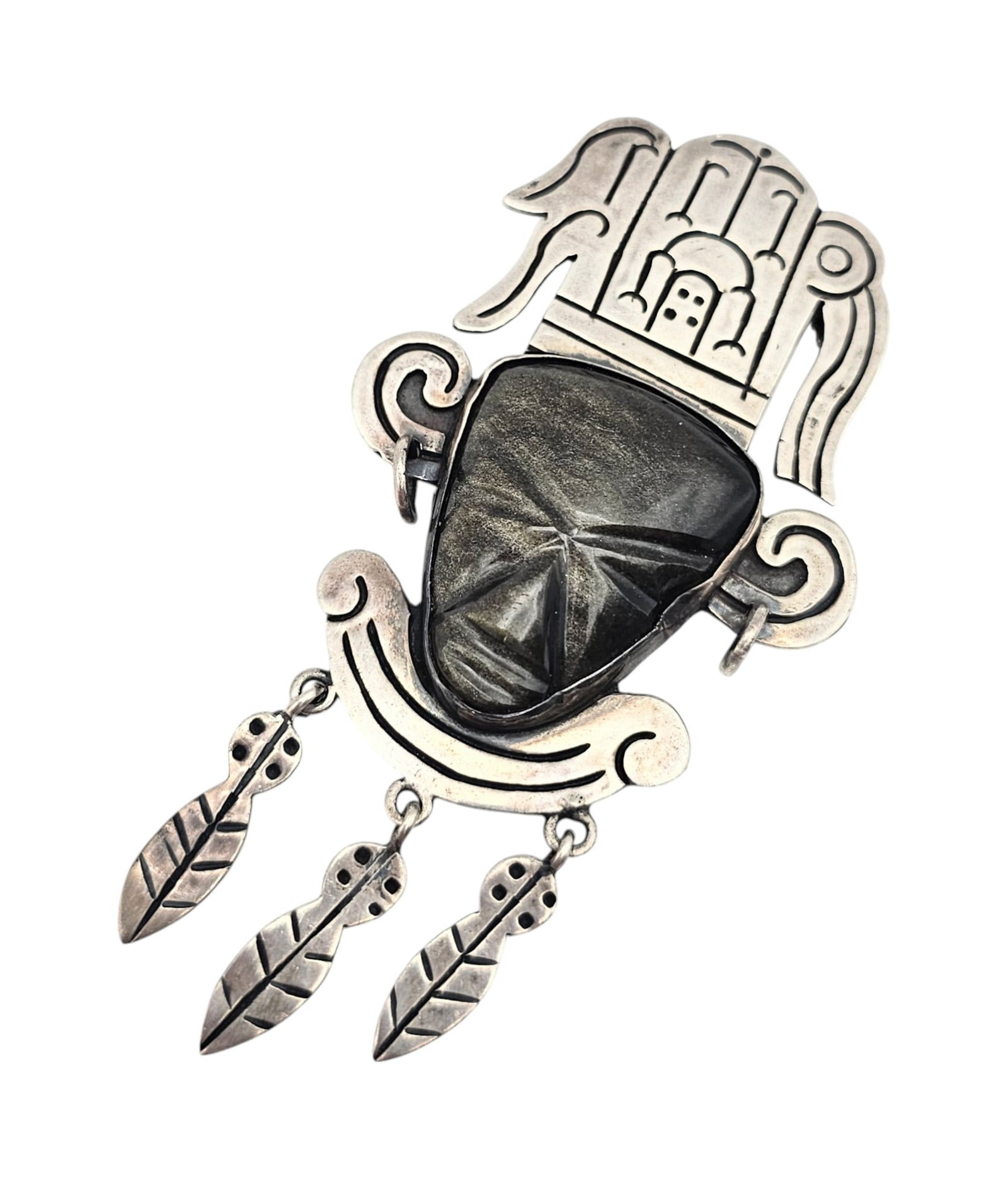 Signed Obsidian Onyx Sterling Silver Carved Face Mask Chieftain Dangle Brooch 25.5 G: Signed Obsidian Onyx Sterling Silver Carved face Mask Chieftain Dangle Brooch 25.5 G