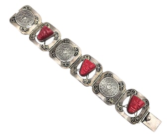 JE Mexico Coral Carved Face Mask Sterling Silver Aztec Panel Bracelet 40.8 G