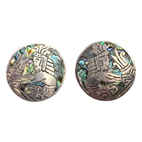 Mexico Taxco Sterling Silver Abalone Aztec Earrings 11.3 G