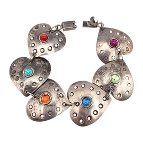 Mexico Rhinestone Sterling Silver Heart Link Bracelet 38.2 G