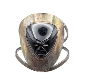 Obsidian Sterling Silver Carved Face Mask Cuff Bracelet 55.2 G