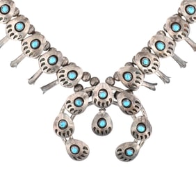 Vintage Navajo Sterling Turquoise Bear Paw Shadow Box Squash Blossom