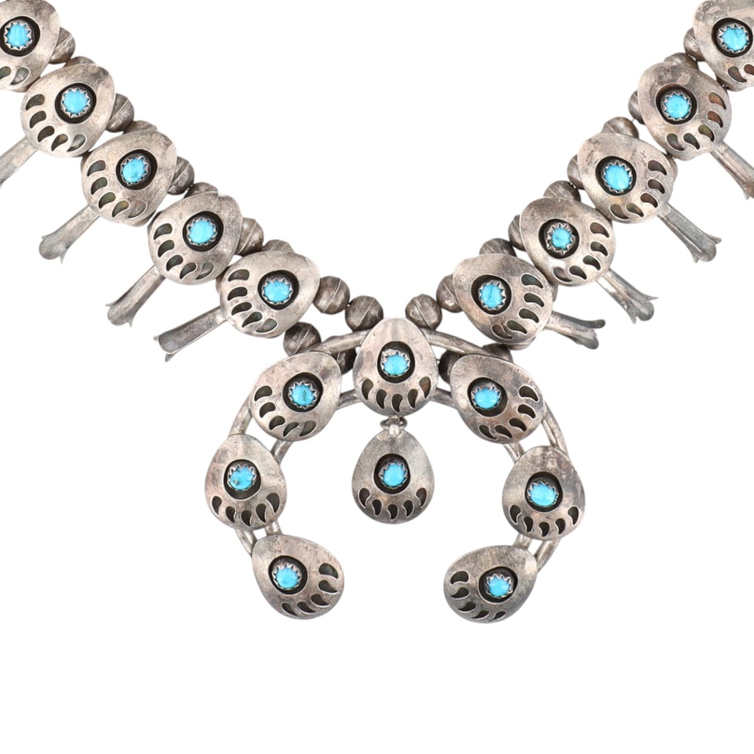 Vintage Navajo Sterling Turquoise Bear Paw Shadow Box Squash Blossom