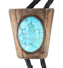 Signed SM Navajo Sterling Turquoise Bolo Tie