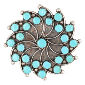 Signed Zuni Sterling Turquoise Spiral Brooch Pendant