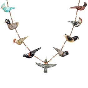 MUST SEE Navajo Sterling Multi Stone Carved Bird Fetish Necklace