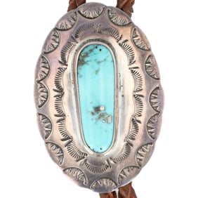 Signed Navajo Sterling Turquoise Bolo Tie