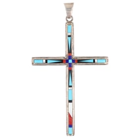 Len Adakai Navajo Sterling Multi Stone Inlay Cross Pendant