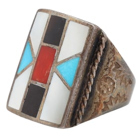 Vintage Navajo Sterling Multi Stone Inlay Ring Sz. 9.5
