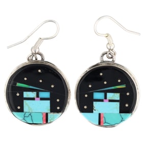 Signed D Navajo Sterling Multi Stone Pueblo Inlay Earrings