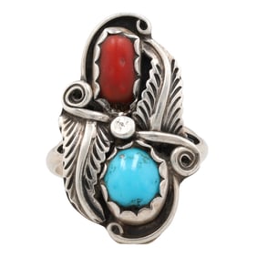 Signed LB Navajo Sterling Coral Turquoise Ring Sz. 7.25