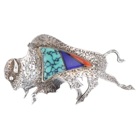 Charlie Bowie Navajo Sterling Buffalo Inlay Brooch Pendant