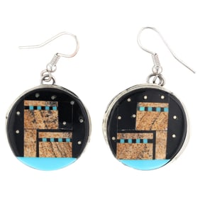 Signed S Navajo Sterling Multi Stone Pueblo Inlay Earrings