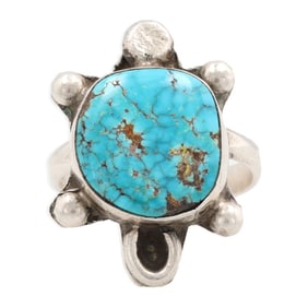 Signed GAH Navajo Old Pawn Sterling Turquoise Turtle Ring Sz. 6.5