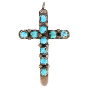 Signed TEX Navajo Sterling Turquoise Cross Pendant