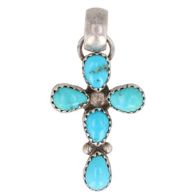 Signed FG Navajo Sterling Turquoise Cross Pendant