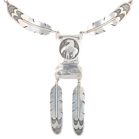 Gibson Gene Navajo Sterling Rider Overlay Feather Necklace