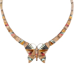 Calvin Begay Navajo Sterling Multi Stone Inlay Butterfly Necklace