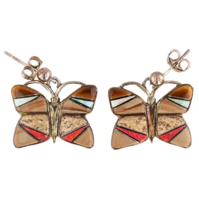 Calvin Begay Navajo Sterling Multi Stone Inlay Butterfly Earrings