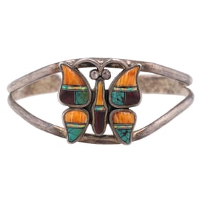 Signed JN Navajo Sterling Multi Stone Butterfly Cuff Bracelet