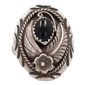 Pictomark Signed  Southwestern Sterling Onyx Ring Sz. 6.25