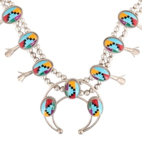 Signed MG Navajo Sterling Multi Stone Inlay Squash Blossom
