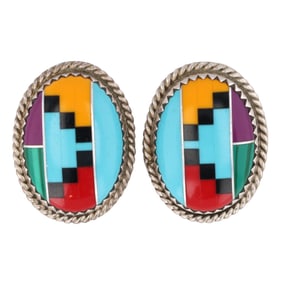 Vintage Navajo Sterling Multi Stone Inlay Earrings