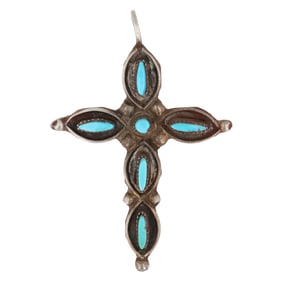Vintage Zuni Sterling Needlepoint Turquoise Cross Pendant