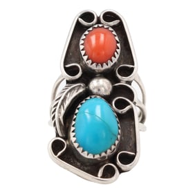 Signed Navajo Sterling Turquoise Coral Ring Sz. 6.5