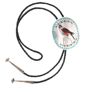 Rudell & Nancy Laconsello Zuni Sterling Falcon Inlay Bolo Tie