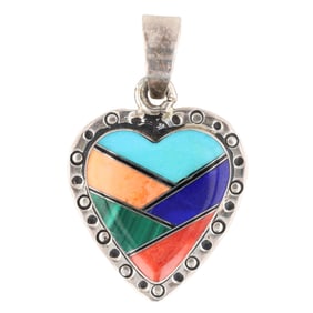 James Shay Navajo Sterling Multi Stone Inlay Heart Pendant