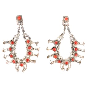 Larry Curley Navajo Sterling Coral Squash Blossom Earrings
