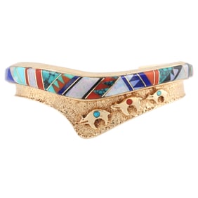 14K Gold Bear Multi Stone Inlay Cuff Bracelet
