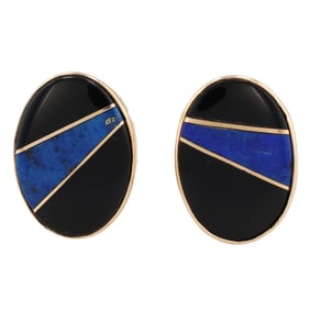 Guererro 14k Gold Onyx Lapis Inlay Omega Earrings