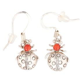 Platero Navajo Sterling Coral Ladybug Earrings