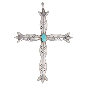 Vintage Navajo Sandcast Sterling Turquoise Cross Pendant