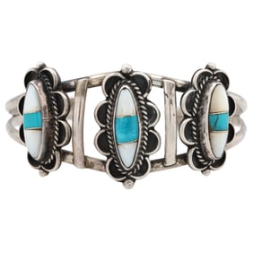 Vintage Zuni Sterling Multi Stone Inlay Cuff Bracelet